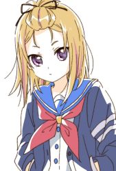 Rule 34 | 1girl, bangs pinned back, blonde hair, blue jacket, blue sailor collar, buttons, closed mouth, commentary, flip flappers, hands in pockets, jacket, long sleeves, looking at viewer, medium hair, multicolored hair, namori, neckerchief, open clothes, open jacket, purple eyes, red neckerchief, sailor collar, school uniform, shirt, simple background, solo, streaked hair, symbol-only commentary, upper body, white background, white shirt, yayaka