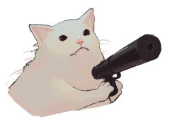 Rule 34 | absurdres, animal, animal focus, bolt action, cat, closed mouth, fang, fang out, gun, handgun, highres, holding, holding gun, holding weapon, potatomochii, real life, simple background, suppressor, thurston waffles, weapon, welrod, white background, white cat, white fur