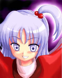 Rule 34 | 1girl, blush, dress, evil smile, female focus, hair bobbles, hair ornament, light purple hair, long sleeves, mystic square, one side up, portrait, purple eyes, red dress, shaded face, shinki (touhou), smile, solo, tilm, touhou, touhou (pc-98), upper body, wide-eyed
