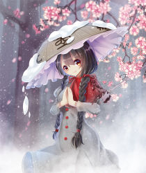 Rule 34 | 1girl, ajirogasa, black hair, braid, breasts, commentary request, dress, grey dress, hat, long hair, long sleeves, medium breasts, orange eyes, outdoors, own hands together, red ribbon, ribbon, smile, snow, snowing, solo, standing, touhou, twin braids, winter, yatadera narumi, z.o.b
