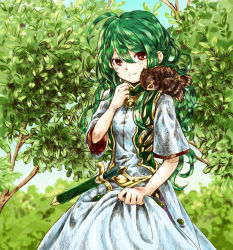 Rule 34 | 1girl, ahoge, animal, animal on shoulder, athena (p&amp;d), bad id, bad pixiv id, bird, bird on shoulder, blue sky, clothes lift, dagger, day, dress, dress lift, grass, green hair, holding, knife, long hair, matsuike, nature, outdoors, owl, puzzle &amp; dragons, red eyes, sheath, sky, smile, solo, tree, vest, weapon, white dress