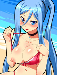Rule 34 | 10s, 1girl, aoki hagane no arpeggio, beach, bikini, blue eyes, blue hair, breast slip, breasts, cleavage, large breasts, long hair, matching hair/eyes, mole, mole under mouth, nipples, nokoppa, one breast out, personification, ponytail, solo, swimsuit, takao (aoki hagane no arpeggio), very long hair
