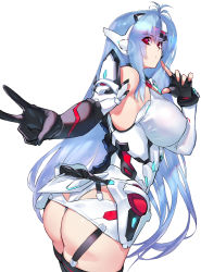 Rule 34 | 1girl, android, ass, bare shoulders, blue hair, blush, breasts, elbow gloves, gloves, headgear, highres, kos-mos, large breasts, leotard, long hair, looking at viewer, looking back, negresco, nintendo, red eyes, robot, shiny skin, sideboob, skirt, solo, thighhighs, thong, thong leotard, very long hair, xenoblade chronicles (series), xenoblade chronicles 2, xenosaga