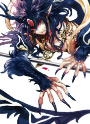 Rule 34 | 1boy, antennae, armlet, blood, blood from mouth, blue hair, blue nails, bun-o, clenched teeth, crawling, extra eyes, fingernails, hagoromo, hair between eyes, injury, jewelry, long fingernails, long hair, looking at viewer, lying, magi the labyrinth of magic, male focus, monster boy, nail polish, necklace, on stomach, pointy ears, polearm, red eyes, ren hakuryuu, scales, sharp fingernails, shawl, solo, teeth, third eye, topless male, upper body, weapon, white background