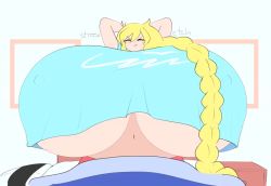 Rule 34 | 1girl, animated, blonde hair, braid, breasts, cassie (theycallhimcake), covered erect nipples, gigantic breasts, indoors, long hair, navel, no bra, original, pink shirt, red shorts, shirt, short shorts, shorts, simple background, solo, standing, sweat, theycallhimcake, underboob, very long hair, video