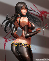 Rule 34 | 10s, 1girl, ass, badcompzero, bare shoulders, belt, black hair, blood, breasts, bridal gauntlets, butt crack, claws, green eyes, grin, laura kinney, long hair, looking at viewer, looking back, marvel, o-ring, o-ring belt, pants, smile, solo, thighs, tight clothes, tight pants, x-23, x-men