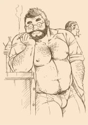 Rule 34 | 2boys, artist request, bara, bare pectorals, beard, belly, bulge, cigarette, cowboy shot, cropped legs, facial hair, fat, fat man, full beard, glasses, graphite (medium), greyscale, hairy, holding, holding cigarette, large pectorals, light blush, looking back, male focus, male pubic hair, mature male, monochrome, multiple boys, muscular, muscular male, navel hair, nipples, original, pants, pectorals, pubic hair, pubic hair peek, scan, short hair, sideways glance, solo focus, sparse chest hair, standing, stomach, strongman waist, thick arm hair, thick eyebrows, thick navel hair, traditional media, yaoi