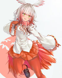 Rule 34 | 10s, 1girl, bird tail, black footwear, blunt bangs, boots, chausson, frilled sleeves, frills, gloves, head wings, highres, japanese crested ibis (kemono friends), kemono friends, long sleeves, looking at viewer, miniskirt, multicolored hair, pantyhose, pleated skirt, red gloves, red pantyhose, red skirt, shirt, short hair, silver hair, simple background, skirt, solo, tail, two-tone hair, white shirt, wings, yellow eyes