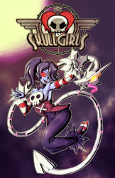 Rule 34 | 1girl, bare shoulders, blue hair, blue skin, bone, colored skin, copyright name, detached collar, detached sleeves, glowing, glowing eye, hair over one eye, highres, leviathan (skullgirls), logo, long hair, long skirt, magna-omega, red eyes, side ponytail, skirt, skull, skullgirls, socks, solo, squigly (skullgirls), stitched mouth, stitches, striped clothes, striped legwear, striped sleeves, striped socks, tongue, zombie
