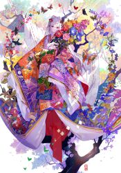 Rule 34 | 1girl, absurdres, bird, bug, butterfly, floral print, flower, fuzichoco, hair ornament, highres, insect, japanese clothes, kimono, layered clothes, layered kimono, long hair, looking at viewer, obi, original, red eyes, sash, solo, tree, white hair