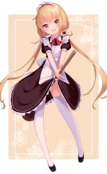 Rule 34 | absurdres, alternate costume, apron, blonde hair, broom, broom riding, crescent, crescent pin, enmaided, highres, kantai collection, long hair, maid, maid apron, maid headdress, satsuki (kancolle), thighhighs, twintails, uut, white thighhighs, yellow eyes