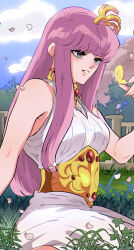 Rule 34 | 1girl, absurdres, bug, butterfly, cloud, cloudy sky, day, dress, falling petals, from side, gou (gogo xo), grass, green eyes, hair ornament, highres, hill, insect, jewelry, kido saori, long hair, necklace, outdoors, parted lips, petals, pink hair, saint seiya, sidelocks, sitting, sky, solo, white dress, wind