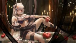 Rule 34 | 1girl, apple, arknights, armlet, barefoot, bikini, black bikini, black ribbon, blush, breasts, candle, cleavage, closed mouth, collar, earrings, flower, food, fruit, grey hair, hair flower, hair ornament, highres, holding, holding food, holding fruit, horns, jewelry, knee up, large breasts, long hair, looking at viewer, material growth, mudrock (arknights), mudrock (silent night) (arknights), necklace, off shoulder, oripathy lesion (arknights), pointy ears, red eyes, ribbon, sitting, solo, swimsuit, turbulence, underboob, very long hair, yellow flower