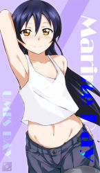 Rule 34 | 10s, 1girl, arm behind head, armpits, artist name, bad id, bad pixiv id, bare shoulders, blue hair, blush, brown eyes, commentary request, english text, hair between eyes, long hair, love live!, love live! school idol project, midriff, navel, shorts, smile, solo, sonoda umi, striped, striped background, tank top, tsuti