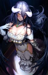 Rule 34 | 1girl, absurdres, albedo (overlord), bare shoulders, black hair, black wings, breasts, cleavage, clothing cutout, covered navel, demon girl, demon horns, dress, feathered wings, feathers, gloves, hair between eyes, highres, horns, large breasts, long hair, looking at viewer, marse (rokudaime), overlord (maruyama), slit pupils, smile, solo, white dress, white gloves, wings, yellow eyes