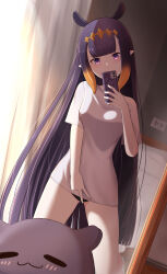 Rule 34 | 1girl, :3, absurdres, bare legs, bed, bed sheet, black panties, blush, breasts, cellphone, commentary, curtains, dutch angle, electrical outlet, eyebrows hidden by hair, frokiya, gradient hair, head tilt, headpiece, highres, holding, holding phone, hololive, hololive english, inward v, long hair, medium breasts, mirror, mole, mole under eye, multicolored hair, ninomae ina&#039;nis, no pants, orange hair, panties, phone, pointy ears, purple eyes, purple hair, selfie, shirt, shirt slip, sidelighting, sidelocks, smartphone, solo, taking picture, takodachi (ninomae ina&#039;nis), tentacle hair, underwear, v, very long hair, virtual youtuber, wall, white shirt