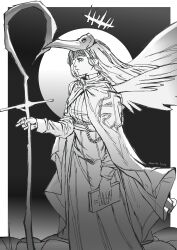 Rule 34 | 1girl, absurdres, bible (object), bird mask, black background, book, braid, choujin x, comic panel redraw, crown of thorns, derivative work, from side, halo, highres, holding, holding book, holding staff, long hair, looking to the side, mask, monochrome, nun, shiruha sora (choujin x), signature, smile hnts, staff