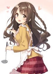 Rule 34 | 10s, 1girl, :d, apron, blazer, blush, braid, breasts, brown eyes, brown hair, commentary request, cowboy shot, eyebrows, frilled apron, frills, from side, heart, holding, idolmaster, idolmaster cinderella girls, jacket, kani biimu, ladle, long hair, long sleeves, looking at viewer, matching hair/eyes, medium breasts, multicolored background, open mouth, plaid, plaid skirt, pleated skirt, saucer, school uniform, shimamura uzuki, single braid, skirt, smile, solo, two-tone background, white apron