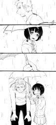 Rule 34 | 10s, 1girl, ^^^, ahoge, amatori chika, atplus, bad id, bad pixiv id, bent over, black hair, blunt bangs, bob cut, comic, confused, flying sweatdrops, greyscale, hands on own knees, head tilt, height difference, holding, holding umbrella, hood, hood down, hoodie, kizaki reiji, long sleeves, looking at another, miniskirt, monochrome, motion lines, open mouth, pants, pleated skirt, profile, rain, shade, shared umbrella, silent comic, skirt, spiked hair, sweatdrop, umbrella, world trigger
