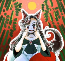 Rule 34 | 1girl, animal ears, asymmetrical bangs, bamboo, black neckerchief, blush, bright pupils, brooch, brown hair, commentary, dress, fangs, full moon, hands up, highres, imaizumi kagerou, indian style, jewelry, komaku juushoku, long hair, long sleeves, looking at viewer, moon, mouth pull, multicolored clothes, multicolored dress, neckerchief, off-shoulder dress, off shoulder, one-hour drawing challenge, open mouth, red dress, red eyes, sitting, solo, tail, teeth, tongue, touhou, v-shaped eyebrows, wavy hair, white dress, white pupils, wolf ears, wolf girl, wolf tail