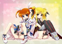 Rule 34 | 2girls, bad id, bad pixiv id, blonde hair, brown hair, cape, censored, clothing aside, fate testarossa, fingerless gloves, gloves, hair ribbon, leotard, leotard aside, lyrical nanoha, mahou shoujo lyrical nanoha, mahou shoujo lyrical nanoha a&#039;s, mahou shoujo lyrical nanoha the movie 2nd a&#039;s, multiple girls, no panties, open mouth, purple eyes, pussy, red eyes, ribbon, sattan, short twintails, skirt, smile, spread legs, spread pussy, takamachi nanoha, thighhighs, twintails