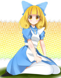 Rule 34 | 1girl, alice (alice in wonderland), alice (alice in wonderland) (cosplay), alice in wonderland, apron, blonde hair, bow, cosplay, dress, hair bow, haru (nature life), kise yayoi, precure, short hair, smile precure!, solo, thighhighs, unmoving pattern, white thighhighs, yellow eyes