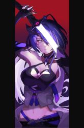 Rule 34 | 1girl, acheron (honkai: star rail), ahoge, belt, black belt, black choker, black gloves, black shorts, blood, bloody tears, breasts, bright pupils, choker, cleavage, closed mouth, coat, coattails, commentary request, criss-cross halter, eyeliner, gloves, glowing, glowing sword, glowing weapon, hair intakes, hair over one eye, halterneck, highres, holding, holding sword, holding weapon, honkai: star rail, honkai (series), kanana no e, large breasts, looking at viewer, makeup, midriff, multicolored hair, navel, pillarboxed, purple eyes, purple hair, red eyeliner, scabbard, sheath, shorts, single bare shoulder, solo, streaked hair, sword, unsheathing, weapon, white coat, white pupils