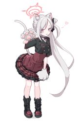 Rule 34 | 1girl, animal ear fluff, animal ears, animal hands, black footwear, black shirt, blue archive, blush, boots, cat ears, commentary, full body, gloves, grey gloves, grey hair, halo, heart, highres, long hair, mutsuki (blue archive), paw gloves, pink eyes, pink halo, red skirt, sentouryoku 5, shirt, short sleeves, side ponytail, simple background, skirt, solo, tongue, tongue out, white background