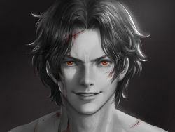Rule 34 | &gt;:), 1boy, black background, black hair, blood, blood on face, freckles, greyscale, injury, kdash, light particles, looking at viewer, male focus, monochrome, one piece, parted bangs, parted lips, portgas d. ace, portrait, realistic, red eyes, scratches, shade, smile, solo, spot color, v-shaped eyebrows