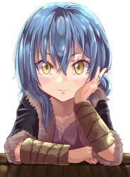 Rule 34 | 1other, absurdres, androgynous, bad id, bad pixiv id, blue hair, closed mouth, hair between eyes, head rest, highres, huge filesize, long hair, looking at viewer, noerue1219, rimuru tempest, simple background, smile, solo, tensei shitara slime datta ken, upper body, white background, yellow eyes
