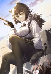 Rule 34 | 1girl, absurdres, animal ears, animal hands, arknights, black necktie, black pantyhose, blue sky, breasts, briefcase, brown hair, cloud, cloudy sky, collared shirt, cross tie, deep skin, evening, feet out of frame, geta (epicure no12), grey hair, hair between eyes, highres, holding, holding knife, knife, long hair, looking at viewer, multicolored hair, necktie, no freckles, outdoors, pantyhose, ponytail, raccoon ears, raccoon girl, raccoon tail, robin (arknights), shirt, sitting, sky, small breasts, solo, streaked hair, tail, white shirt, yellow eyes