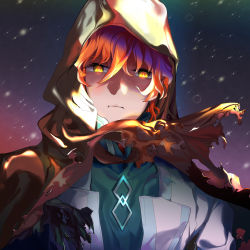 Rule 34 | 1boy, closed mouth, collar, fate/grand order, fate (series), foroxy, glowing, glowing eyes, highres, hood, hood up, looking at viewer, male focus, multicolored background, orange hair, romani archaman, shaded face, short hair, solo, spoilers, upper body, wavy hair, yellow eyes