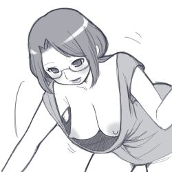 Rule 34 | 1girl, aaaa (quad-a), bad id, bad pixiv id, blush, breasts, downblouse, female focus, glasses, greyscale, hanging breasts, highres, large breasts, leaning forward, monochrome, motion lines, nipples, no bra, no pants, original, simple background, solo, white background