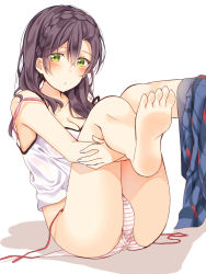 Rule 34 | 1girl, alternate hairstyle, barefoot, blush, braid, breasts, brown hair, cameltoe, camisole, cleavage, commentary request, crown braid, green eyes, hugging own legs, legs up, long hair, looking at viewer, love live!, love live! school idol project, medium breasts, mogu (au1127), nail polish, panties, partially undressed, red ribbon, ribbon, sitting, skirt, skirt around one leg, soles, solo, striped clothes, striped panties, toes, tojo nozomi, underwear, unworn ribbon, white background