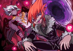 Rule 34 | 2boys, bad id, bad pixiv id, colored skin, dual persona, evil smile, jacket, jewelry, leather, leather jacket, male focus, multiple boys, nato (maanguito), necklace, no mouth, orange hair, purple eyes, purple skin, shingetsu rei, sideburns, smile, spiked hair, squatting, tongue, tongue out, vector (yu-gi-oh!), white hair, yu-gi-oh!, yu-gi-oh! zexal