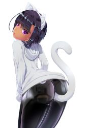 Rule 34 | 1girl, absurdres, anal, anal object insertion, anal tail, animal ears, ass, black hair, bodysuit, butt plug, cat ears, commentary request, dark-skinned female, dark skin, fake tail, highres, hood, hood down, latex, latex bodysuit, long sleeves, looking at viewer, object insertion, original, purple eyes, shouyan, skin tight, solo, tail, tongue, tongue out