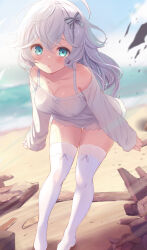 Rule 34 | 1girl, beach, blue eyes, blush, bow, breasts, cleavage, collarbone, commentary request, covered erect nipples, hair bow, highres, komone ushio, leaning forward, long hair, long sleeves, looking at viewer, medium breasts, ocean, off-shoulder shirt, off shoulder, original, parted lips, shirt, solo, thighhighs, thighs, wavy hair, white hair, white thighhighs, wind