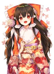 Rule 34 | 1girl, :d, bad id, bad pixiv id, black hair, blush, bow, cheunes, commentary, cowboy shot, ema, floral print, flower, frilled bow, frills, fur collar, hair bow, hair flower, hair ornament, hair tubes, hakurei reimu, head tilt, highres, holding, japanese clothes, kanzashi, kikumon, long hair, long sleeves, looking at viewer, obi, open mouth, pink flower, red bow, red eyes, sash, sidelocks, smile, solo, standing, touhou, very long hair, wavy hair, wide sleeves