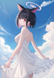 Rule 34 | 1girl, absurdres, alternate costume, animal ears, astelia, black hair, blue archive, blush, breasts, cat ears, closed mouth, cloud, cloudy sky, colored inner hair, cowboy shot, dated, day, dress, extra ears, frilled dress, frills, highres, kazusa (blue archive), medium breasts, multicolored hair, outdoors, pink hair, red eyes, short hair, signature, sky, sleeveless, sleeveless dress, smile, solo, white dress