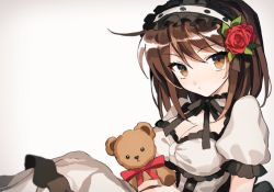 Rule 34 | 1girl, black ribbon, bow, bowtie, breasts, brown eyes, brown hair, choker, cleavage, closed mouth, dress, flower, frilled sleeves, frills, gothic lolita, hair between eyes, hair flower, hair ornament, hairband, holding, holding stuffed toy, lolita fashion, lolita hairband, long hair, looking at viewer, medium breasts, mochoeru, multiple girls, neck ribbon, red bow, red flower, red neckwear, ribbon, short sleeves, simple background, sitting, solo, stuffed animal, stuffed toy, suzumiya haruhi, suzumiya haruhi no yuuutsu, teddy bear, white background, white dress