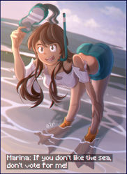 Rule 34 | bent over, brown hair, flippers, goggles, highres, hypixel, hypixel skyblock, marina (skyblock), smile, tagme, water