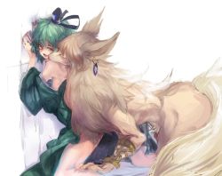 Rule 34 | 1girl, against wall, animal ears, animalization, bestiality, blush, bottomless, breasts, cis (carcharias), closed eyes, dog, dog ears, dog tail, dress, earmuffs, earrings, furry, genderswap, ghost tail, green dress, green eyes, green hair, hat, jewelry, licking, looking back, nipples, off shoulder, open mouth, penis, pussy juice, recursive genderswap, saliva, short hair, small breasts, soga no tojiko, sweat, tail, tate eboshi, tears, tongue, tongue out, touhou, toyosatomimi no miko, wince