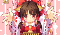 Rule 34 | 1girl, animal ears, armpits, ascot, blush, bow, box, brown hair, chestnut mouth, coin, detached sleeves, donation box, hair bow, hair tubes, hakurei reimu, japanese clothes, long hair, looking at viewer, miko, outstretched arms, red eyes, ribbon-trimmed sleeves, ribbon trim, silveroid, simple background, solo, sparkle, sparkling eyes, spread arms, striped, striped background, touhou