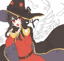 Rule 34 | 1girl, absurdres, bandages, belt, black cape, black hair, blush, brown belt, cape, collarbone, covered mouth, cowboy shot, dress, feathers, fingerless gloves, flower, gloves, hair between eyes, hair flower, hair ornament, hands up, hat, hat flower, highres, kono subarashii sekai ni shukufuku wo!, long sleeves, looking at viewer, megumin, red dress, red eyes, red flower, short hair, solo, two-sided fabric, wings, witch hat, yuno (suke yuno)