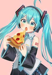 Rule 34 | 1girl, absurdres, ahoge, aqua eyes, aqua hair, aqua nails, aqua necktie, bare shoulders, black sleeves, blush, commentary, corn, detached sleeves, eyebrows hidden by hair, food, grey shirt, hatsune miku, headphones, highres, holding, holding food, holding pizza, imminent bite, long hair, meruko-san, necktie, number tattoo, open mouth, pepperoni, pink background, pizza, pizza slice, shirt, solo, symbol-only commentary, tattoo, twintails, very long hair, vocaloid