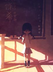 Rule 34 | 10s, 1girl, aged down, backlighting, backpack, bag, black socks, board eraser, braid, chalkboard, character name, child, classroom, closed eyes, closed mouth, desk, full body, hair between eyes, head down, hyogonosuke, indoors, kneehighs, long hair, love live!, love live! school idol project, low twintails, miniskirt, no lineart, pleated skirt, shadow, short sleeves, skirt, socks, solo, standing, sunlight, tojo nozomi, twin braids, twintails