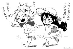 Rule 34 | 10s, 1boy, 1girl, :&gt;, aiue0, asui tsuyu, barefoot, black hair, blush, blush stickers, boku no hero academia, bootie, dress, frog girl, graphite (medium), greyscale, hair rings, holding hands, hat, kaminari denki, long hair, low-tied long hair, millipen (medium), monochrome, monochrome, multicolored hair, open mouth, pointing, pointing forward, shirt, short hair, smile, spiked hair, straw hat, sundress, t-shirt, traditional media, two-tone hair, watering can, aged down