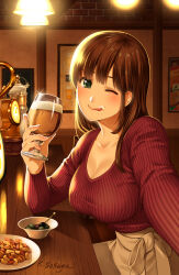 Rule 34 | 1girl, alcohol, artist name, bar (place), beer, beer tap, blush, bowl, breasts, brown hair, cellphone, cleavage, collarbone, cup, domestic na kanojo, elbow rest, food, green eyes, highres, holding, holding cup, indoors, large breasts, licking lips, long hair, looking at viewer, low-cut, low neckline, official art, olive, one eye closed, peanut, phone, plate, ribbed sweater, sasuga kei, scoop neck, sitting, smartphone, smile, solo, sweater, tachibana hina, tongue, tongue out