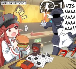 Rule 34 | 1girl, 1other, :o, alph (sancheck), arknights, black jacket, braid, burger, cabbie hat, crying, cup, disposable cup, doctor (arknights), emphasis lines, fang, food, french fries, gameplay mechanics, hat, helmet, highres, horns, horns through headwear, jacket, nail polish, notice lines, open clothes, open jacket, open mouth, pointy ears, red eyes, red hair, running, shirt, sidelocks, vigna (arknights), white shirt