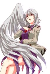 Rule 34 | 1girl, :d, angel wings, ascot, breasts, brooch, dress, feathered wings, hand on own chest, highres, jacket, jewelry, kakao (noise-111), kishin sagume, large breasts, crossed legs, long sleeves, looking at viewer, open clothes, open jacket, open mouth, purple dress, red eyes, shirt, short dress, short hair, silver hair, single wing, smile, solo, touhou, white background, white wings, wings